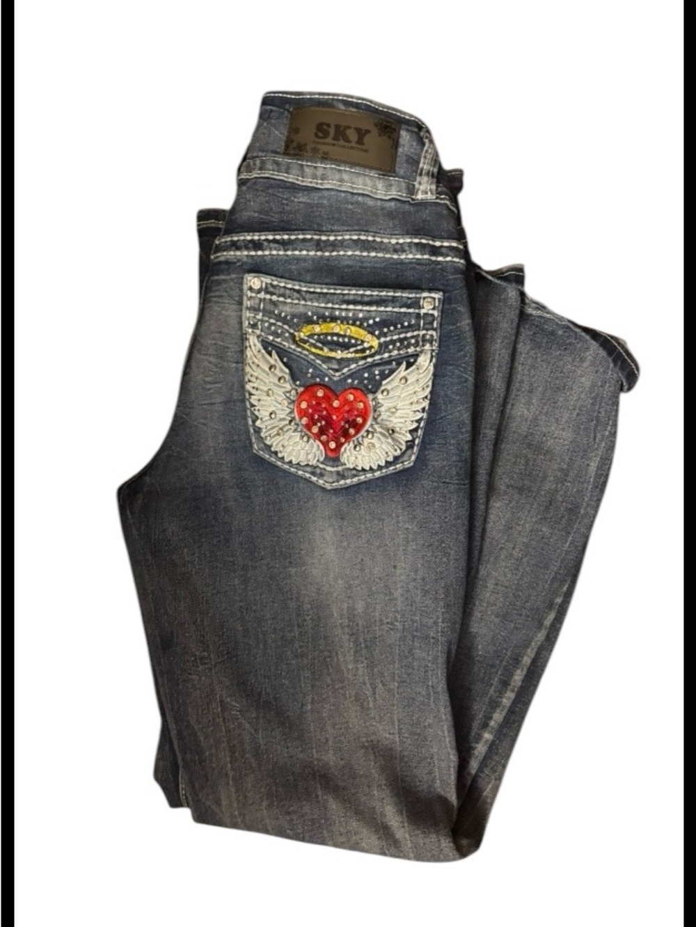 Sky Women's Dark Wash Bootcut Jeans with Red Heart Wing Patch bling pockets